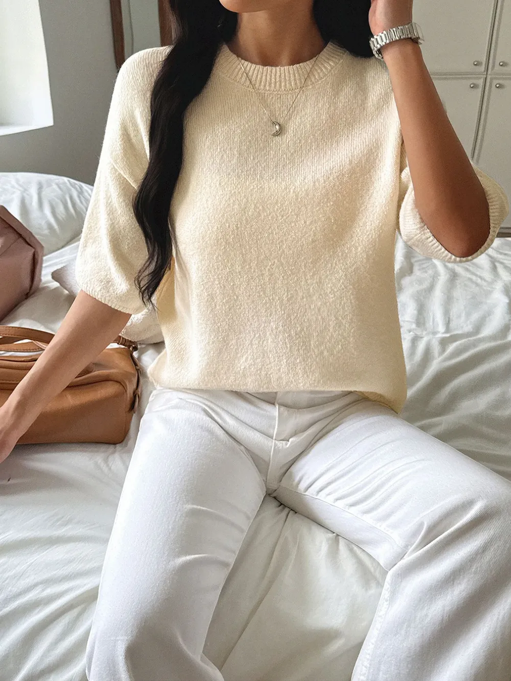 Ribbed Hem Round Neck Sweater, image 2