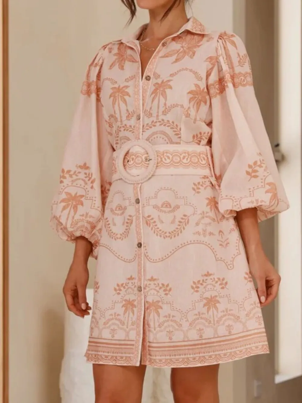 Printed Button Down Shirt Dress with Belt, image 12