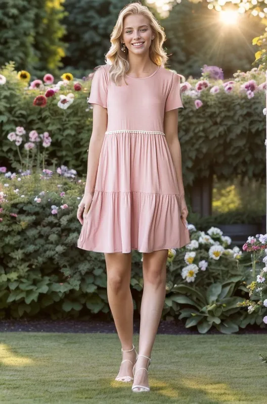Full Size Solid Mini Tiered Dress with Pompom Lace Plus Size