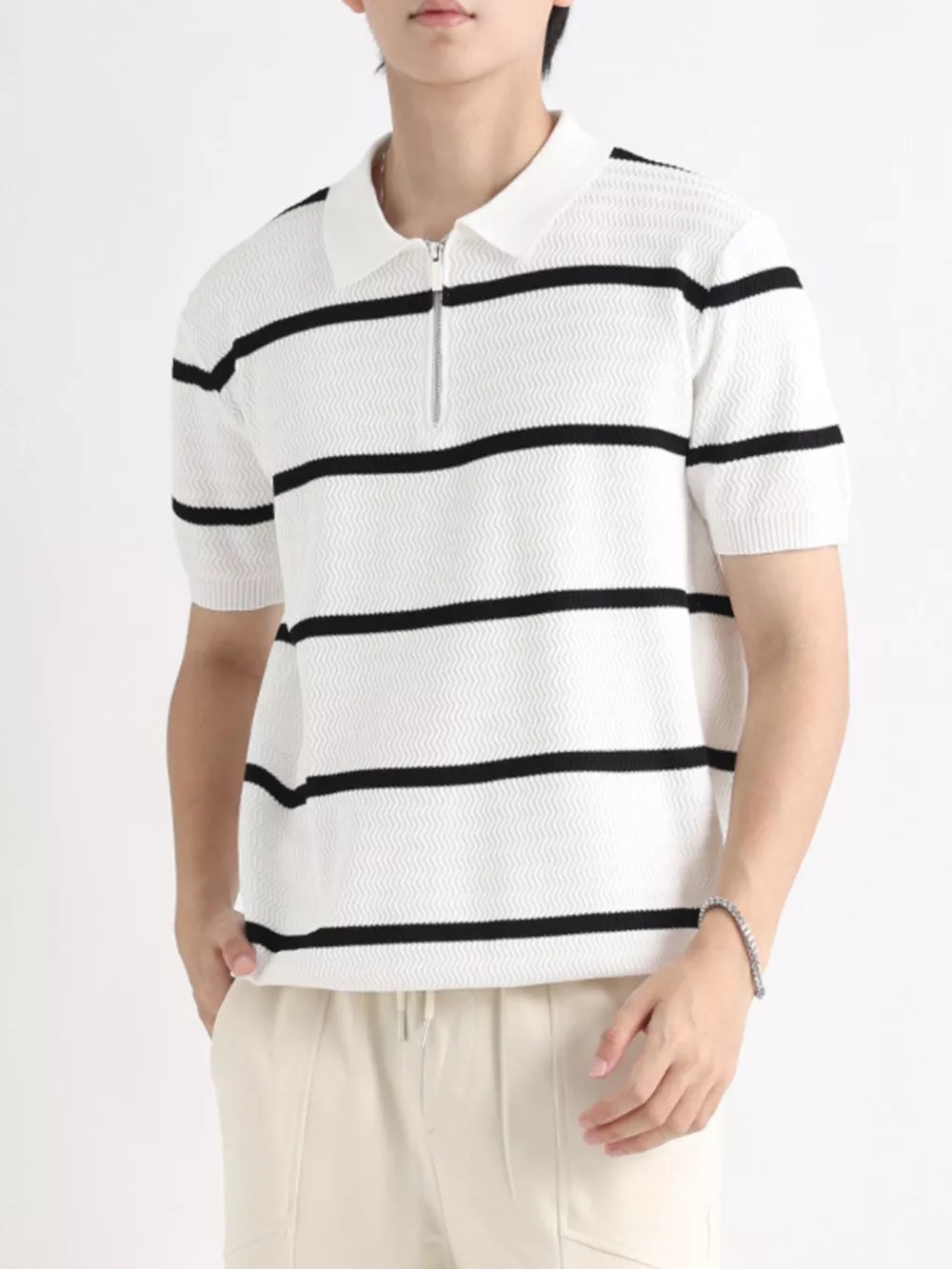 Men's Plus Size Striped Zip-Up Knit Polo, image 8