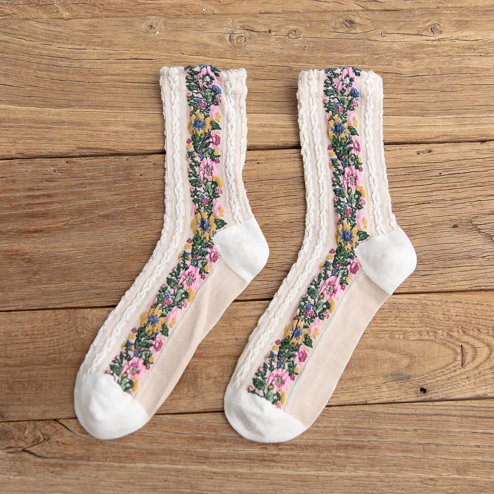 Vintage Floral Knit Crew Socks, image 3