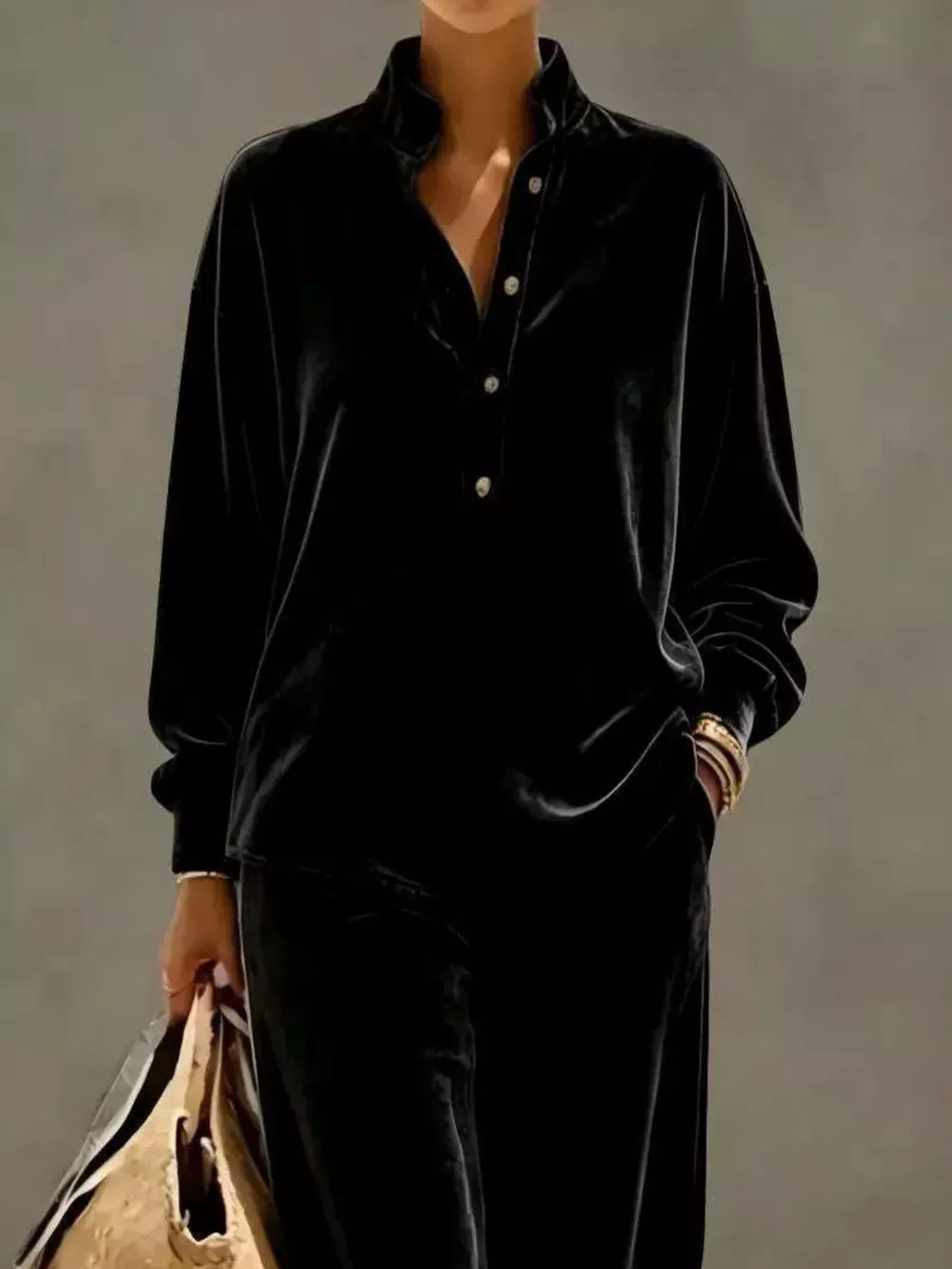 Full Size Half Button Top and Wide Leg Pants Set Plus Size, image 10