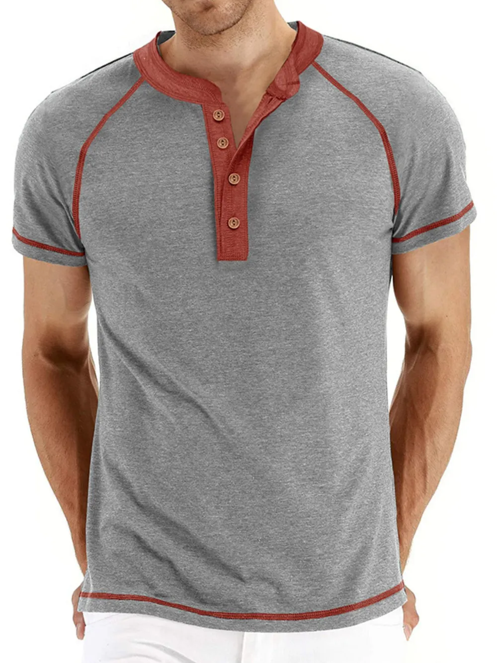 Men's Casual Henley Polo T-Shirt with Contrast Stitching, image 7