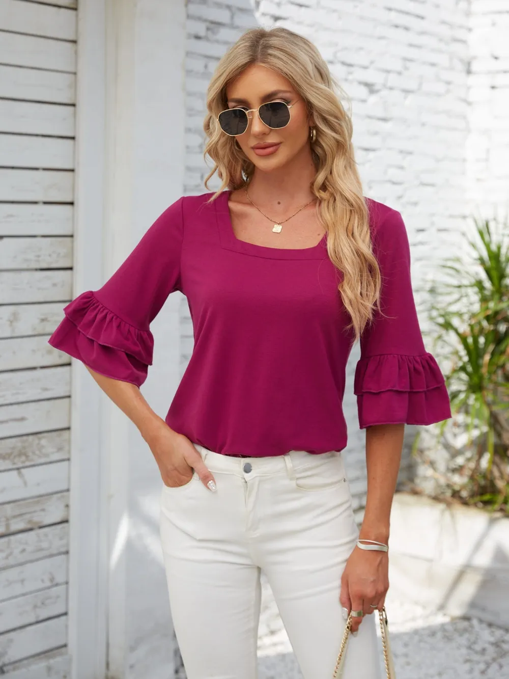 Ruffled Suqare Neck Half Sleeve Blouse, image 18