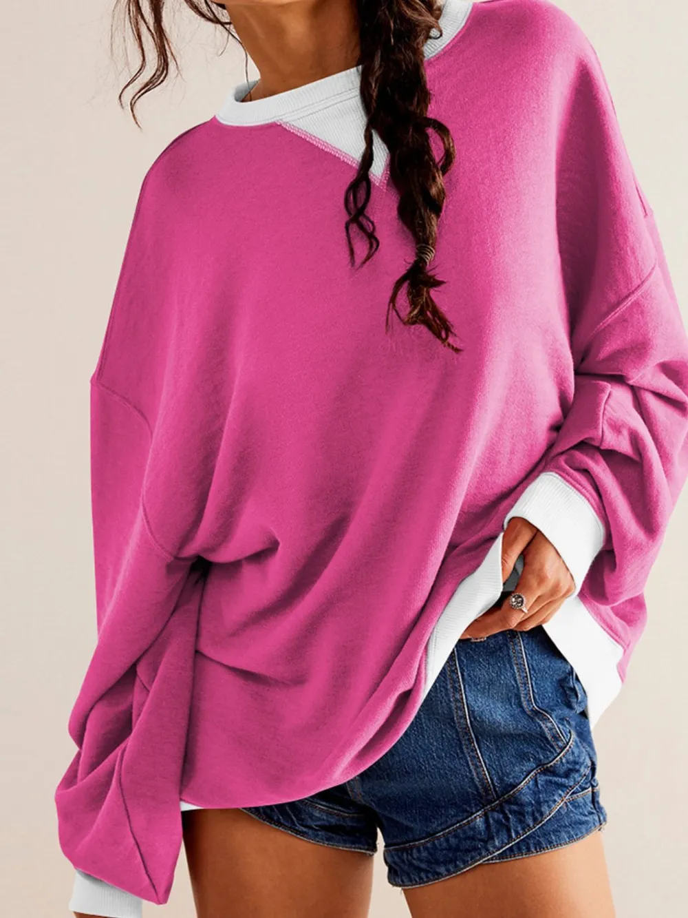 Contrast Trim Round Neck Long Sleeve Sweatshirt, image 7