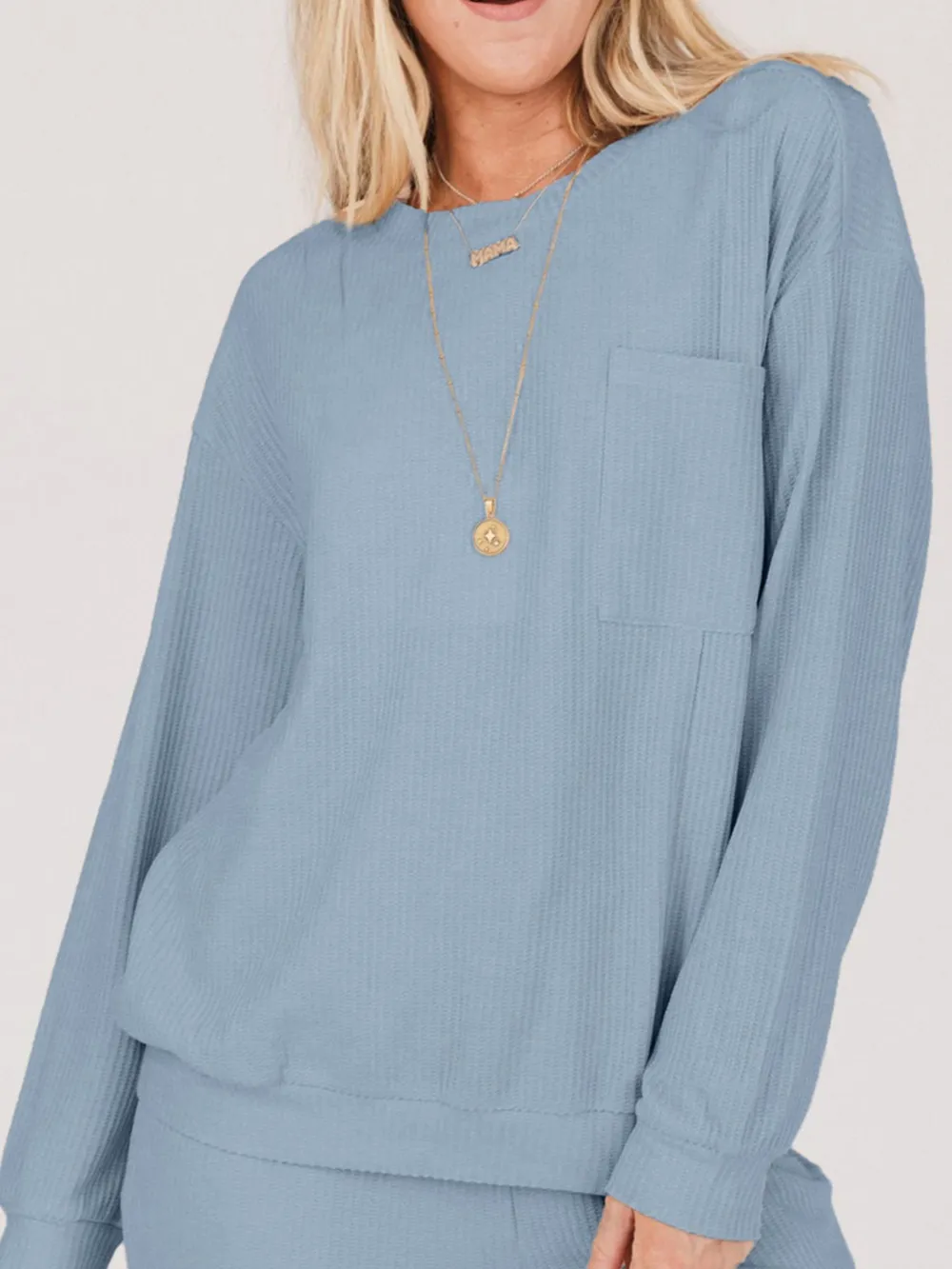 Ribbed Round Neck Sweatshirt and Drawstring Pants Set, image 3