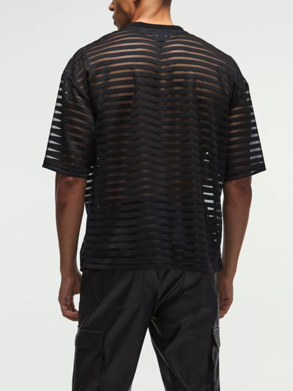 Men's Full Size Sheer Striped Round Neck T-Shirt Plus Size, image 4