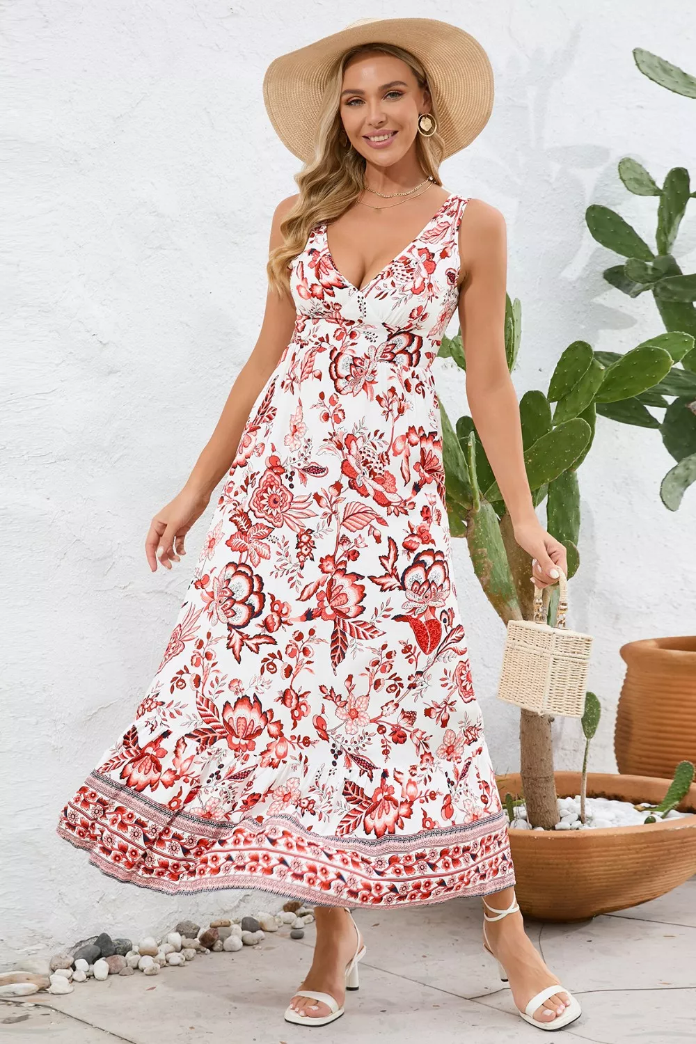 Printed V-Neck Wide Strap Dress, image 3