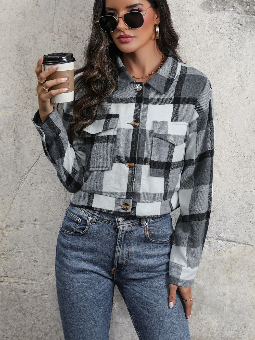 Plaid Button Up Drop Shoulder Cropped Jacket, image 30