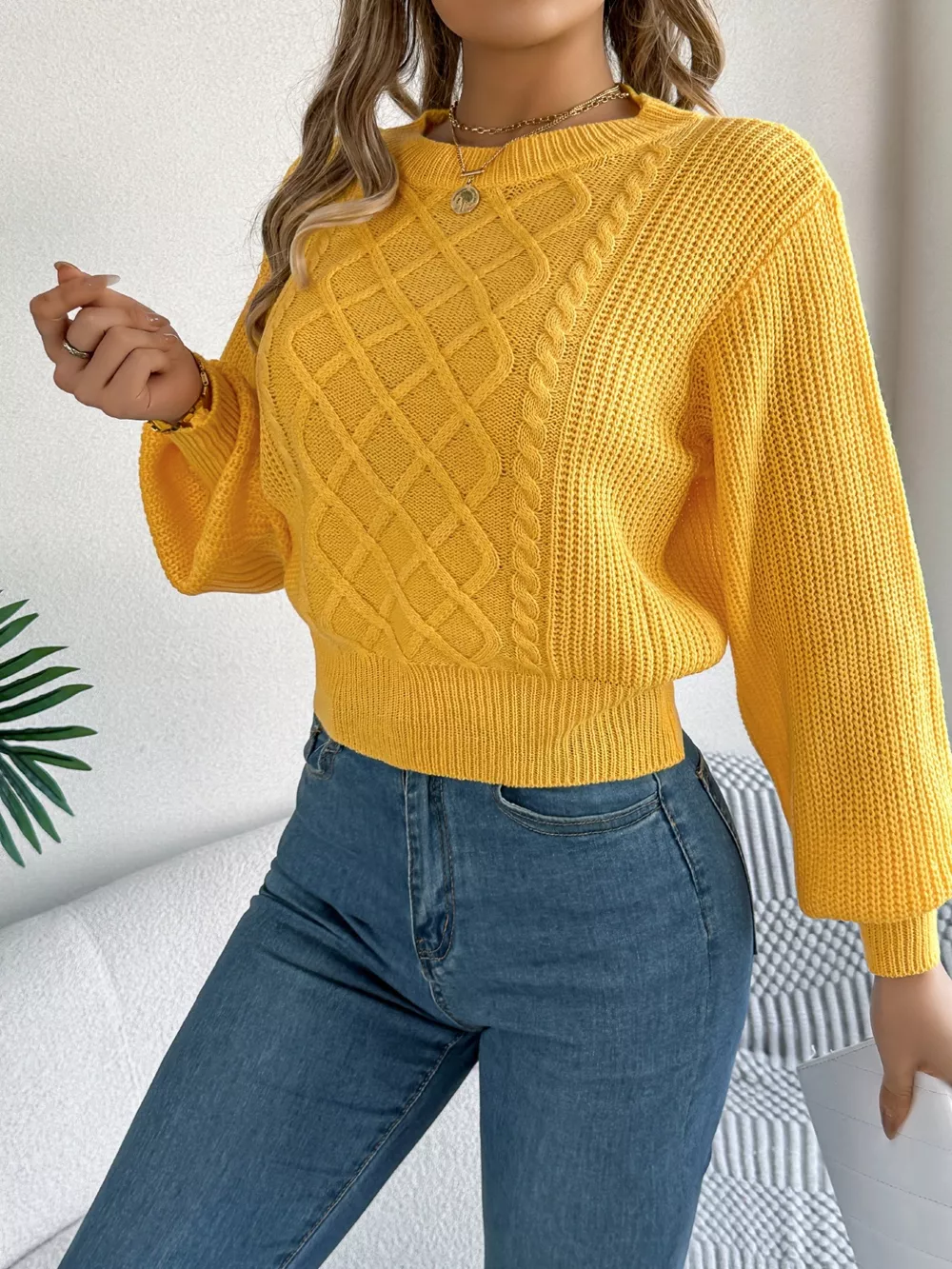 Cable Knit Diamond Pattern Long Sleeve Sweater, image 11