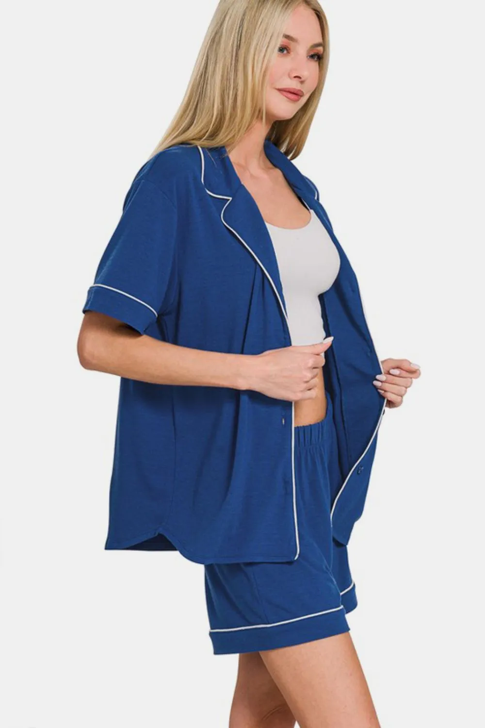 Button Down Short Sleeve Top and Shorts Lounge Set, image 4