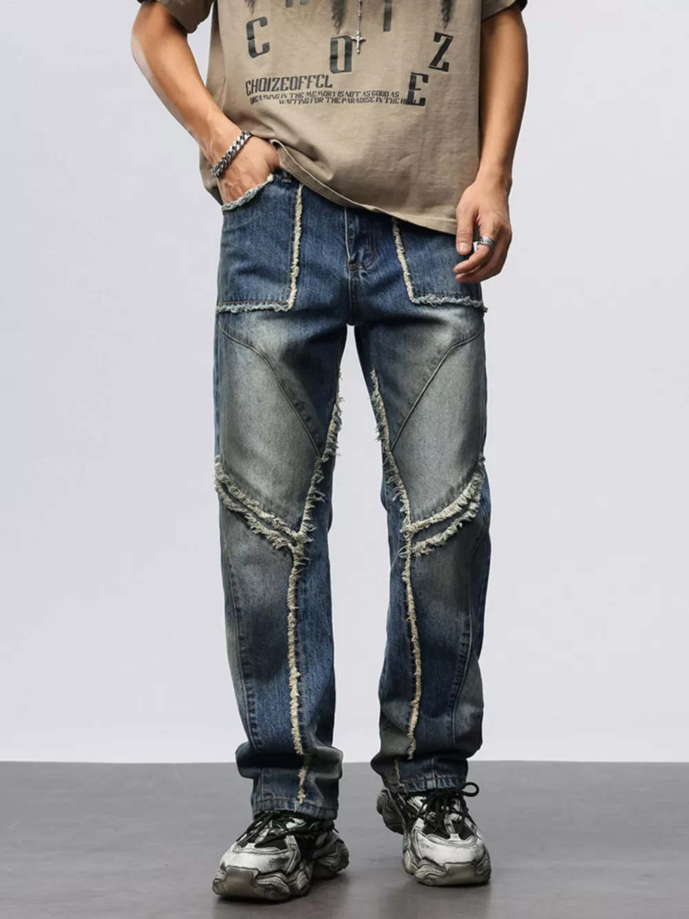 Men's Frayed Hem Wide Leg Jeans, image 5