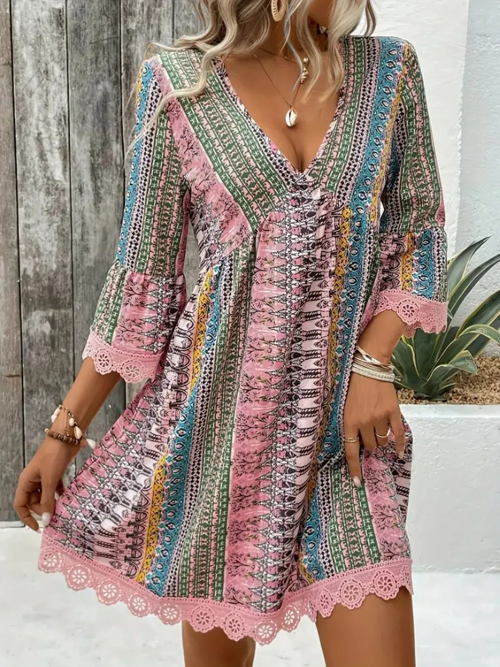 Lace Trim Printed V-Neck 3/4 Sleeve Dress, image 12