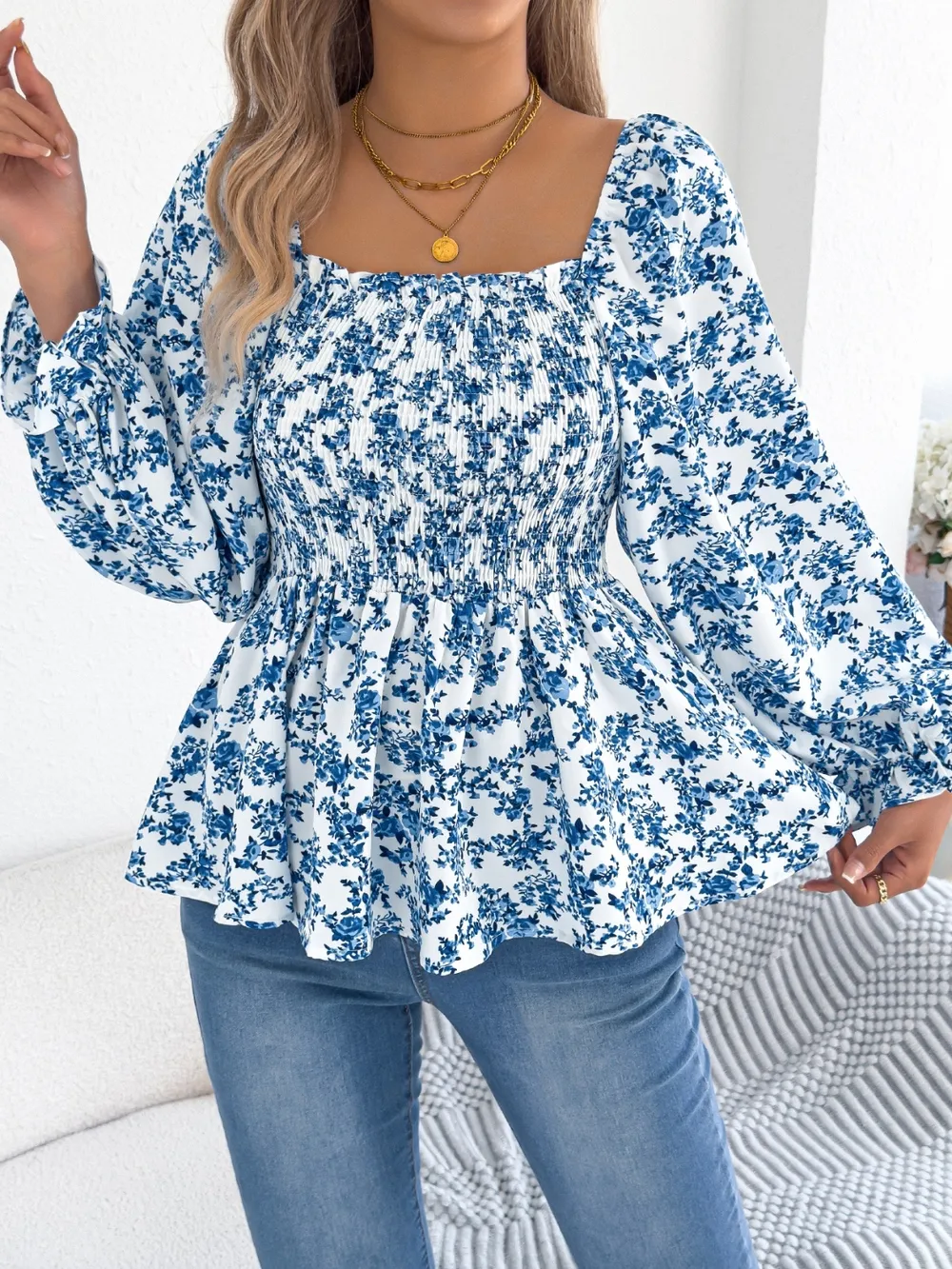 Floral Square Neck Flounce Sleeve Blouse, image 18