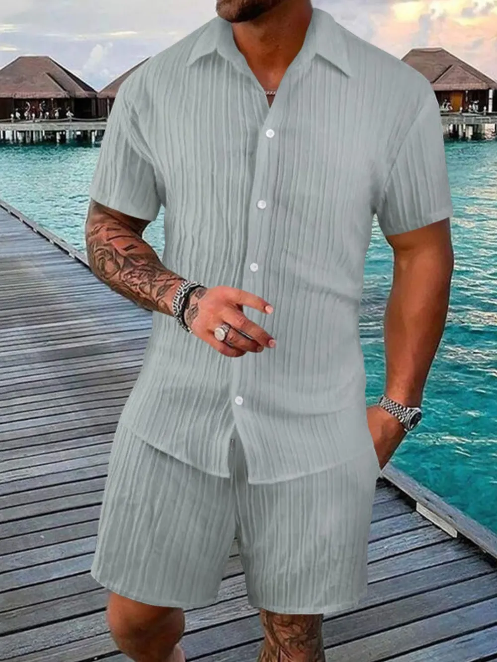 Men's Full Size Button Down Short Sleeve Shirt and Shorts Set Plus Size, image 2