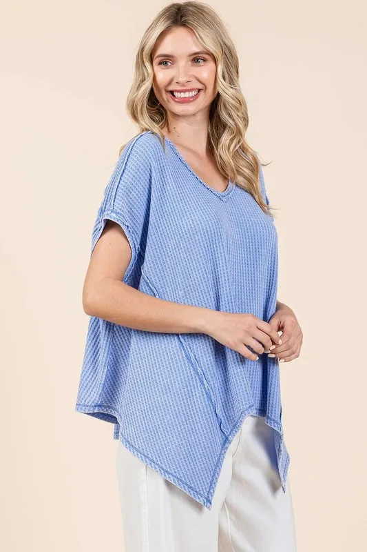 Mineral Wash Waffle Knit Pointed Hem Oversized Top, image 4