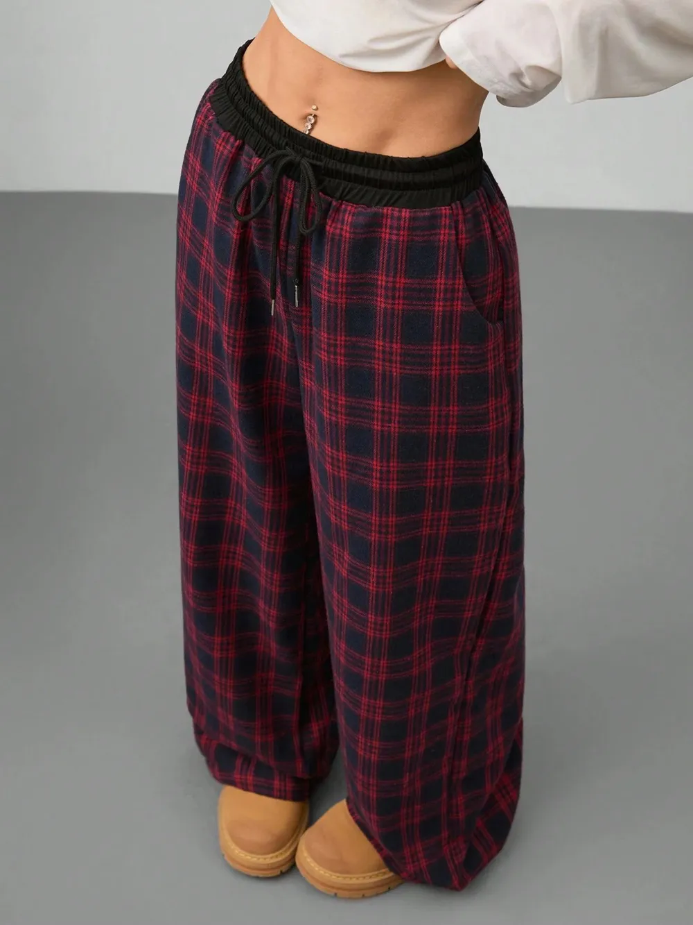 Plaid Wide Leg Pants with Drawstring Waist, image 4