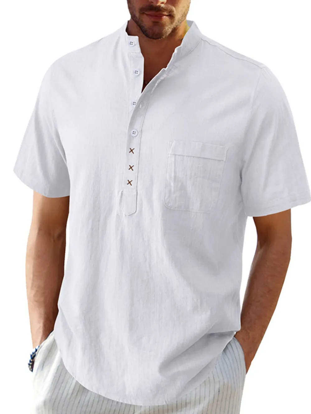 Men's Casual Collar Short Sleeve Linen Polo Shirt, image 2