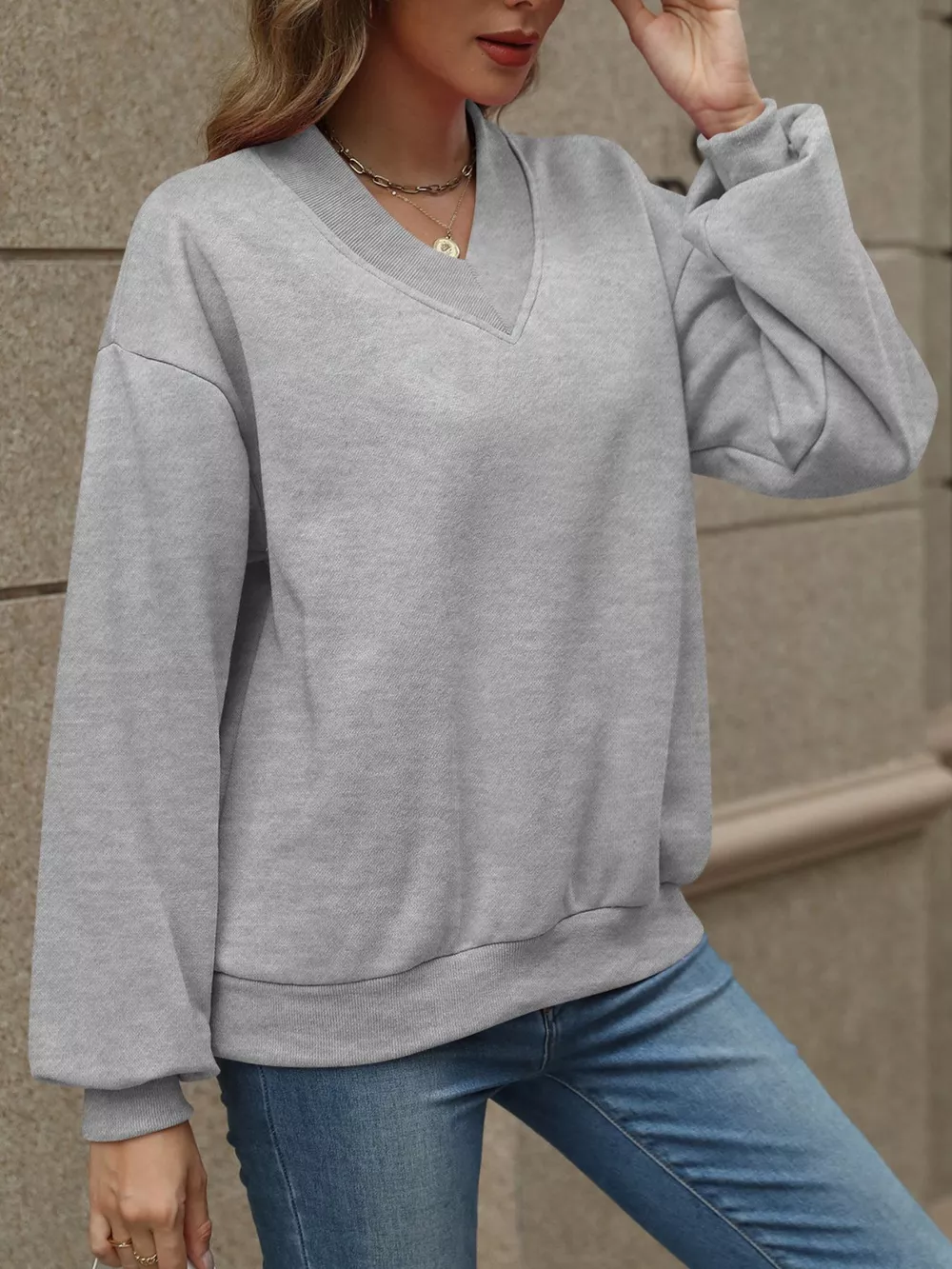 V-Neck Solid Color Casual Sweatshirt, image 29