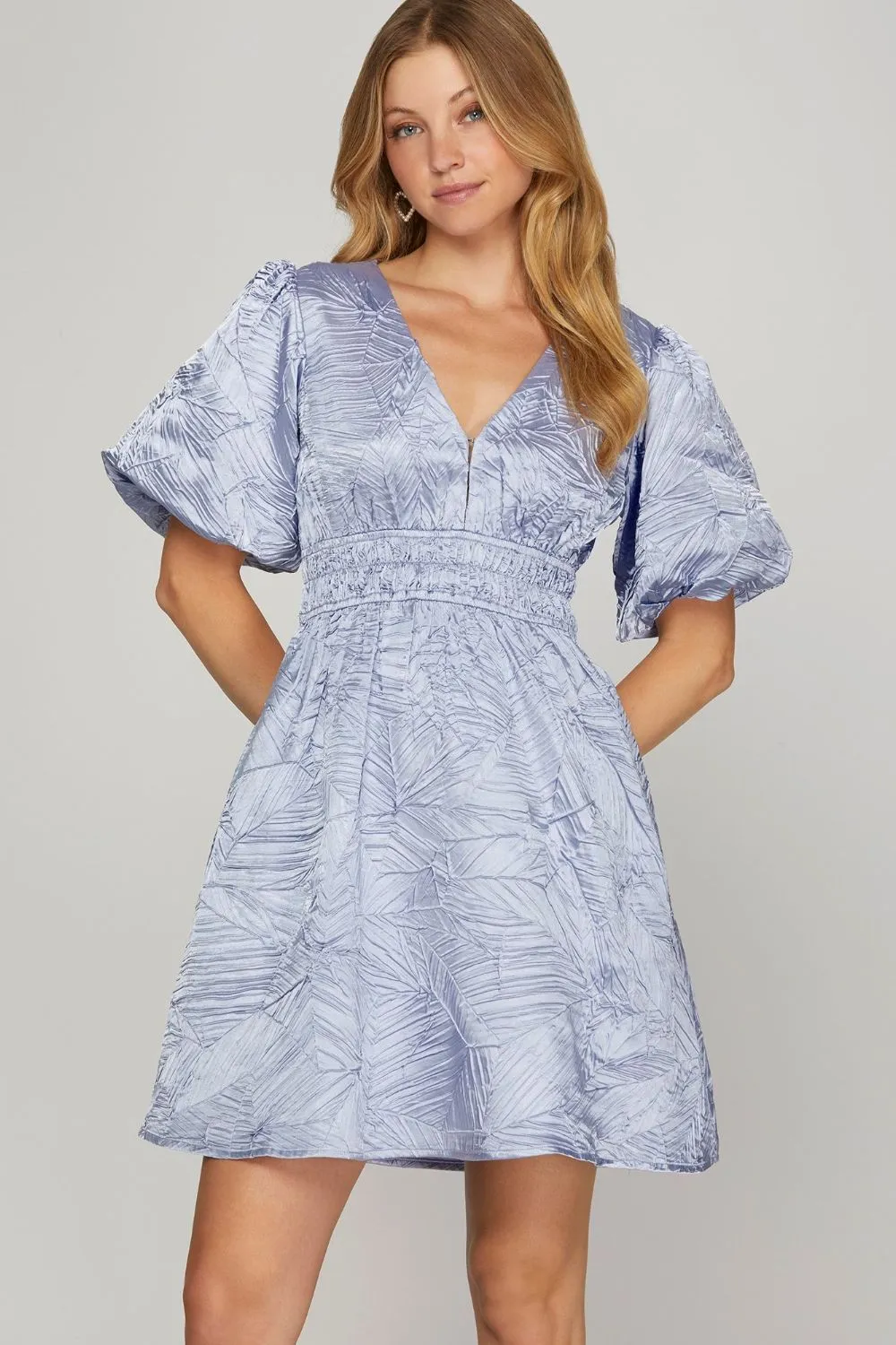 Crinkle Woven V-Neck Balloon Sleeve Mini Dress