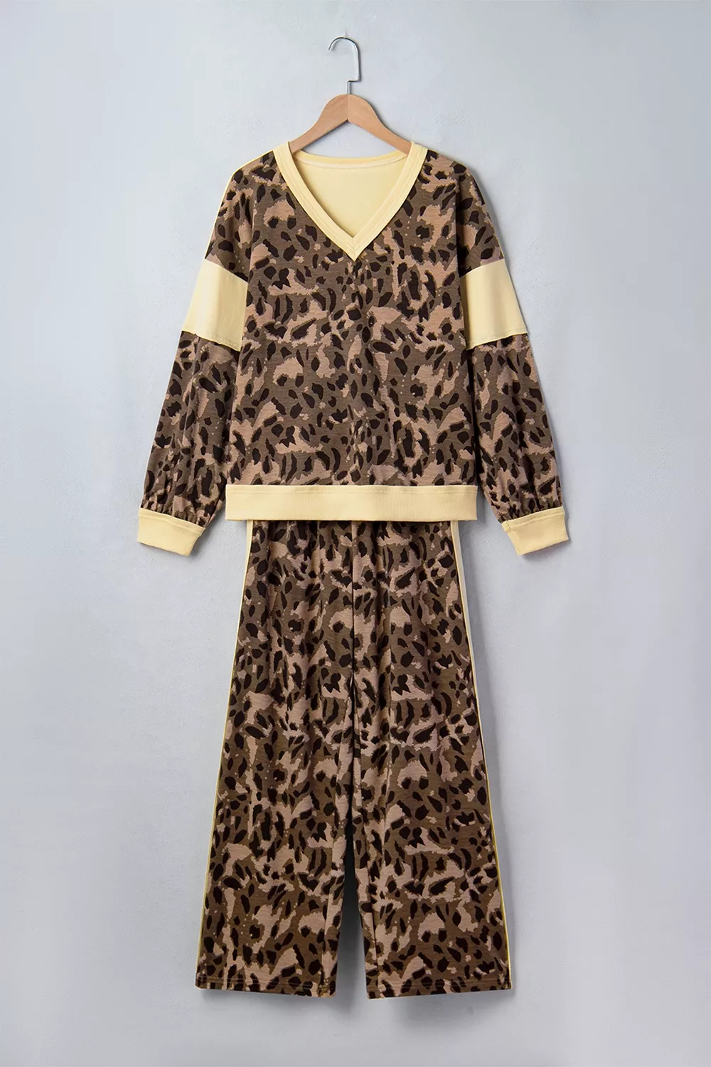 Leopard Print Long Sleeve V-Neck Top & Wide Leg Pant Set, image 5