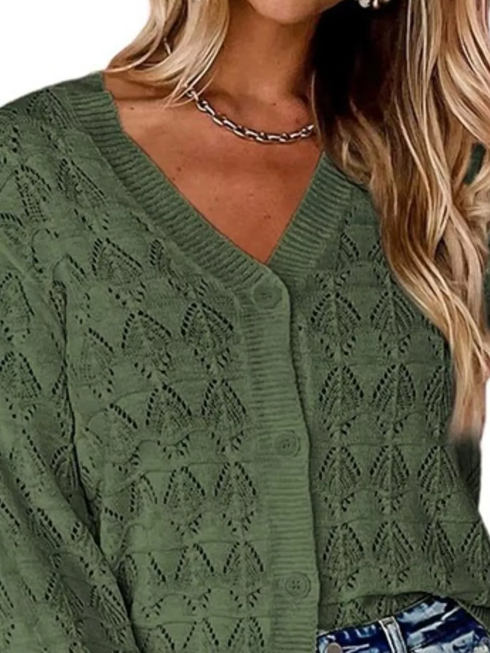 Chic V-Neck Openwork Button-Down Knit Cardigan, image 8