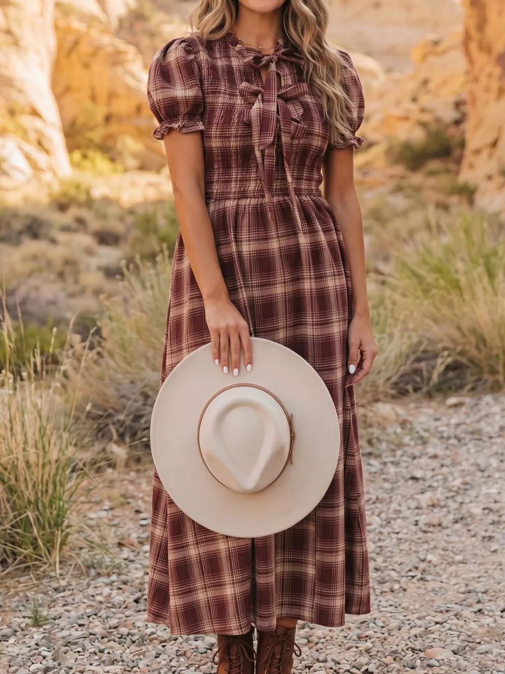 Plaid Knot Front Smocked High Waist Midi Dress, image 3