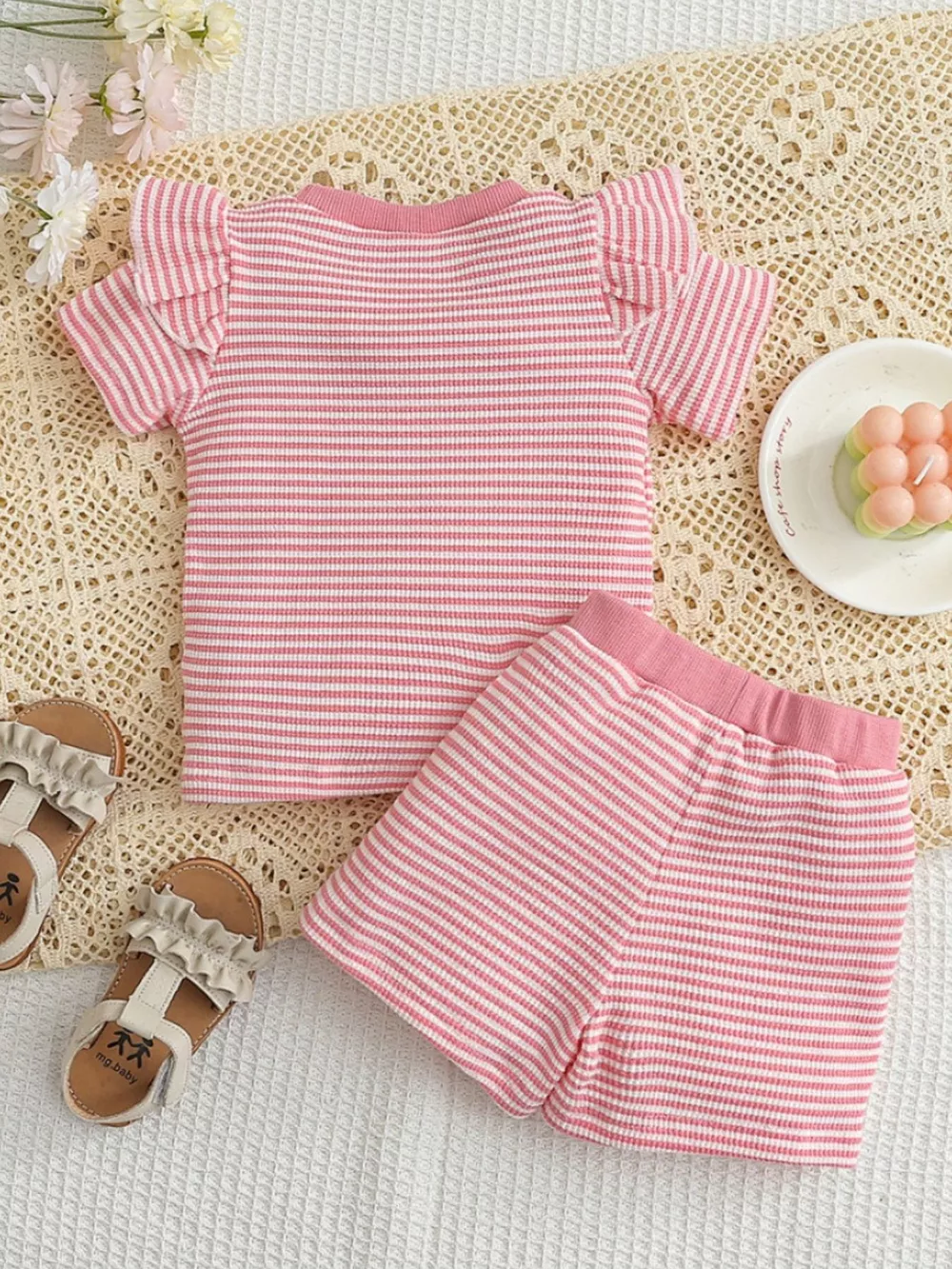 Children's Duck Embroidered Ruffle Sleeve Striped Top and Shorts Set, image 8