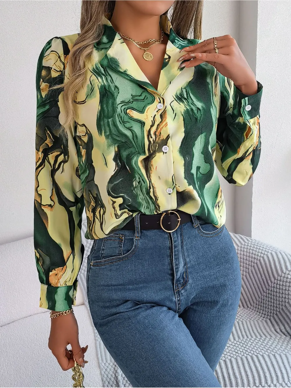Printed Button Up Long Sleeve Shirt, image 4