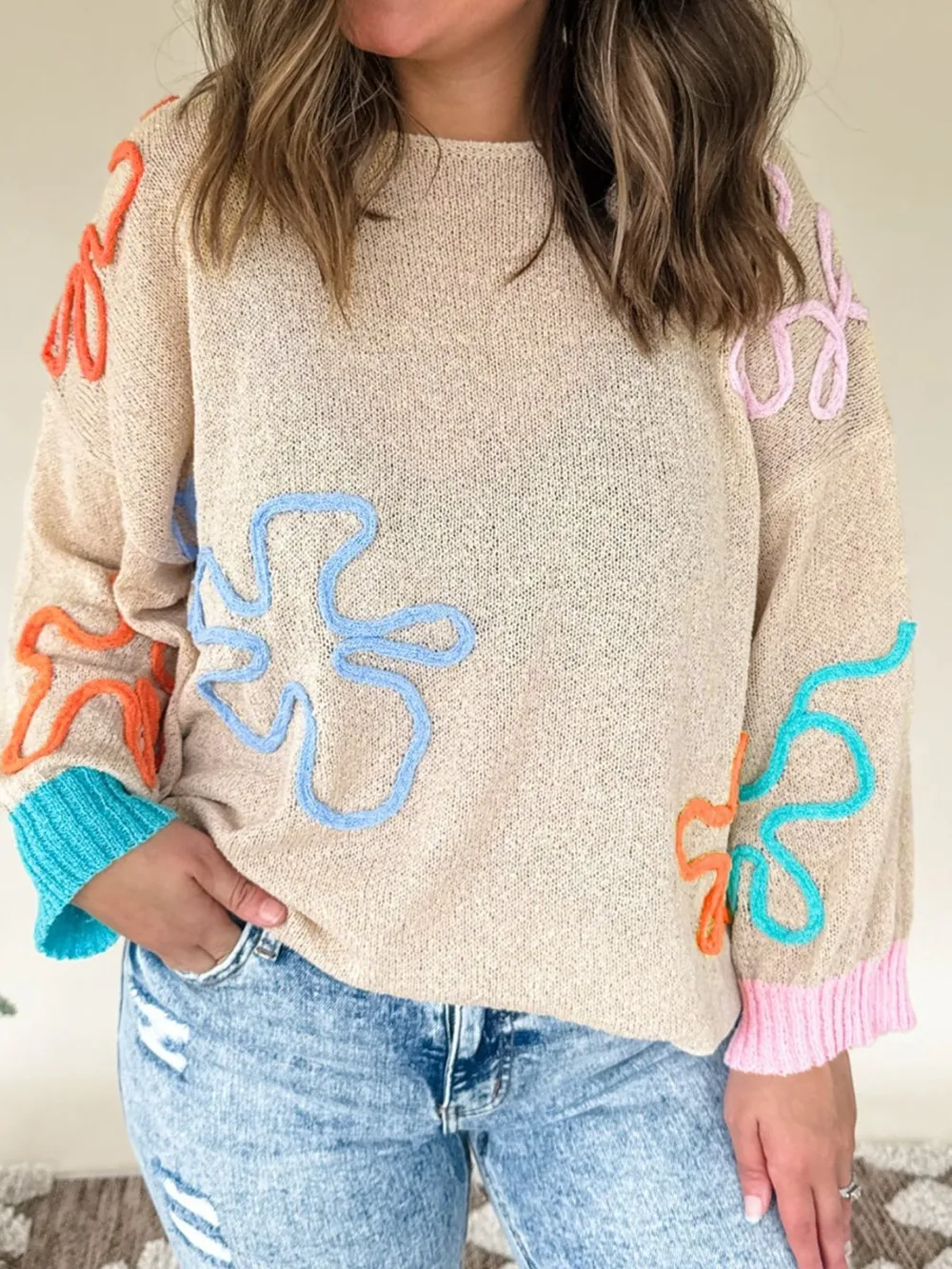 Flower Round Neck Drop Shoulder Sweater