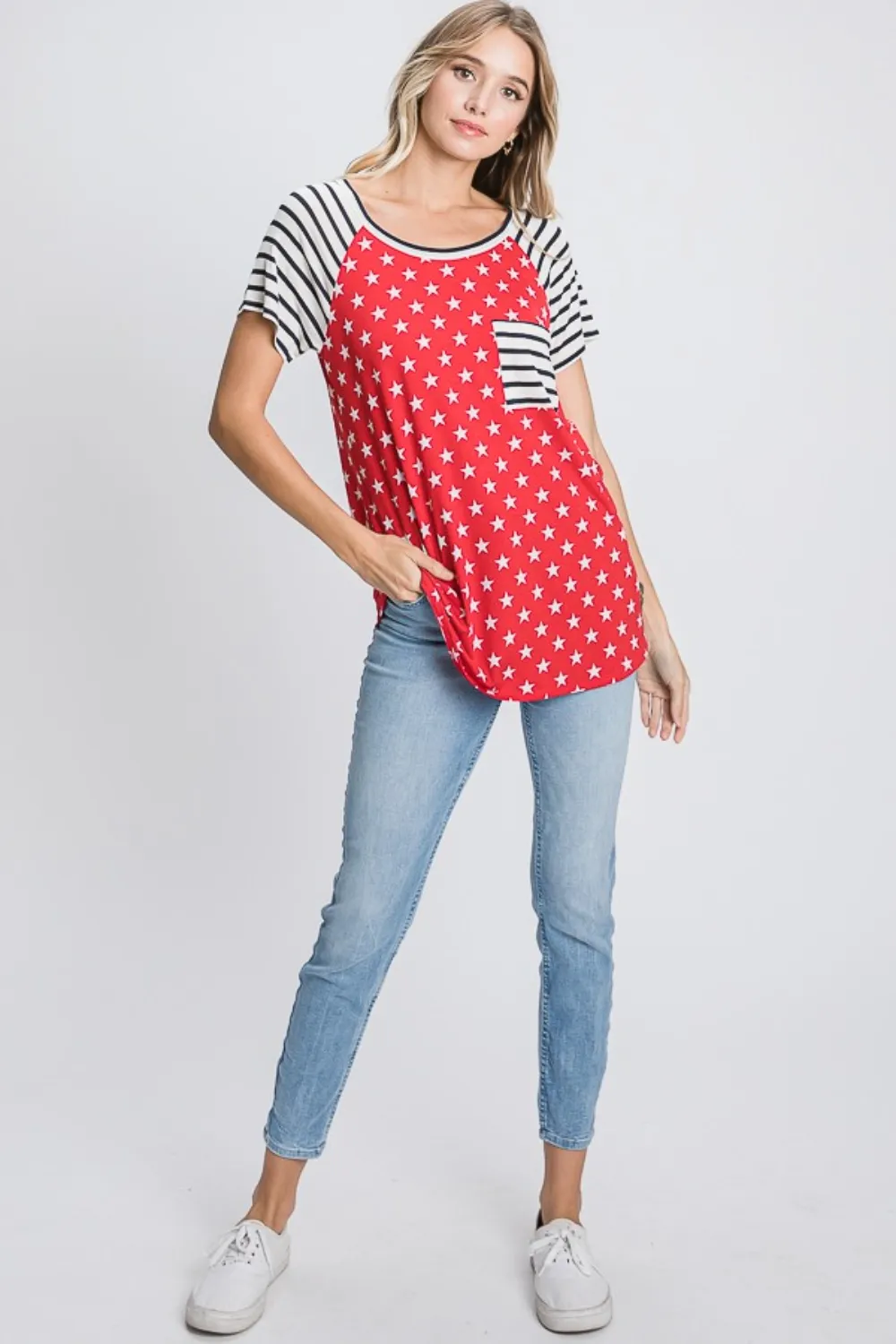 Full Size Star & Striped Round Neck Short Sleeve T-Shirt Plus Size, image 6
