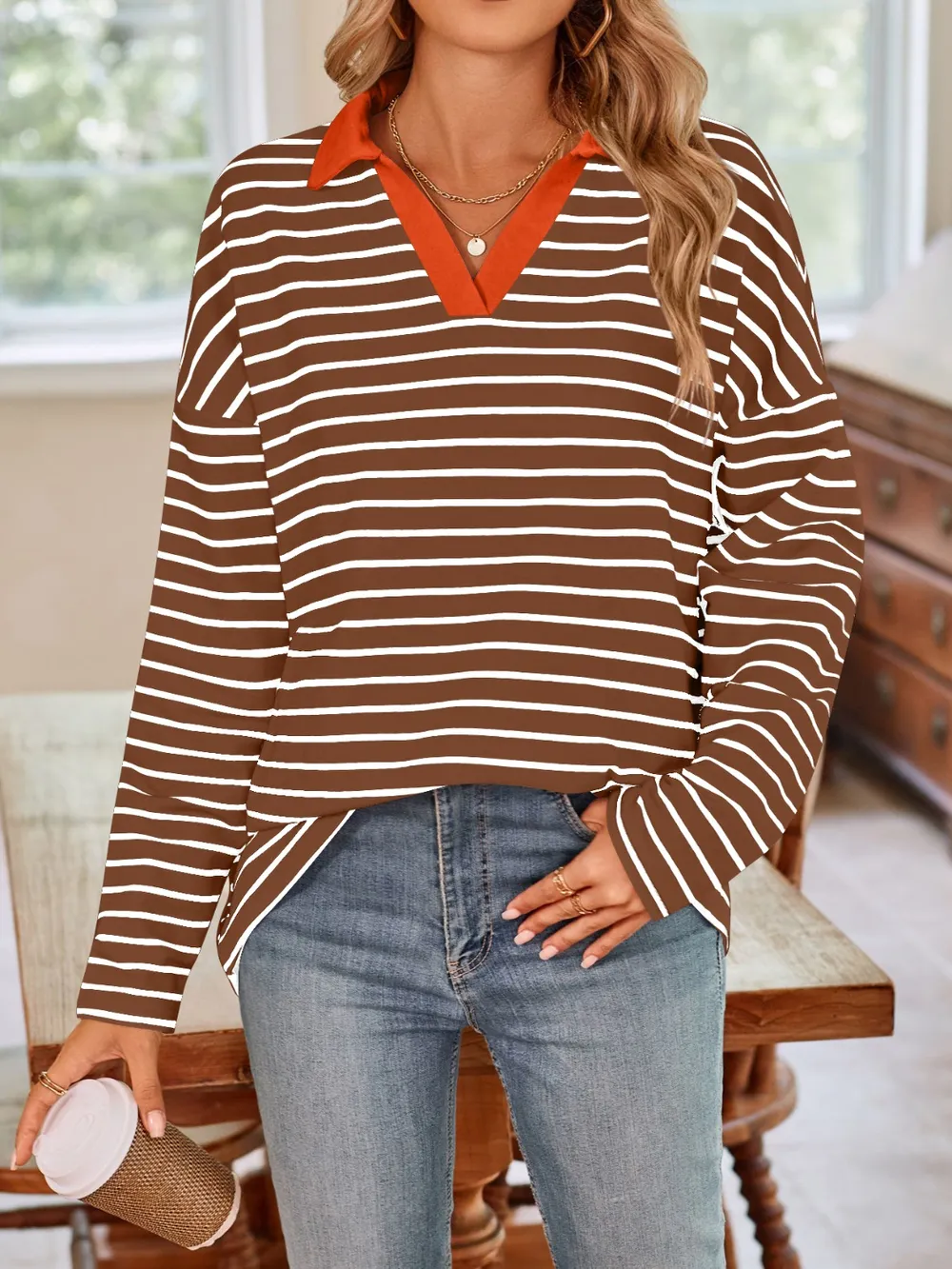 Striped Johnny Collar Long Sleeve T-Shirt, image 26