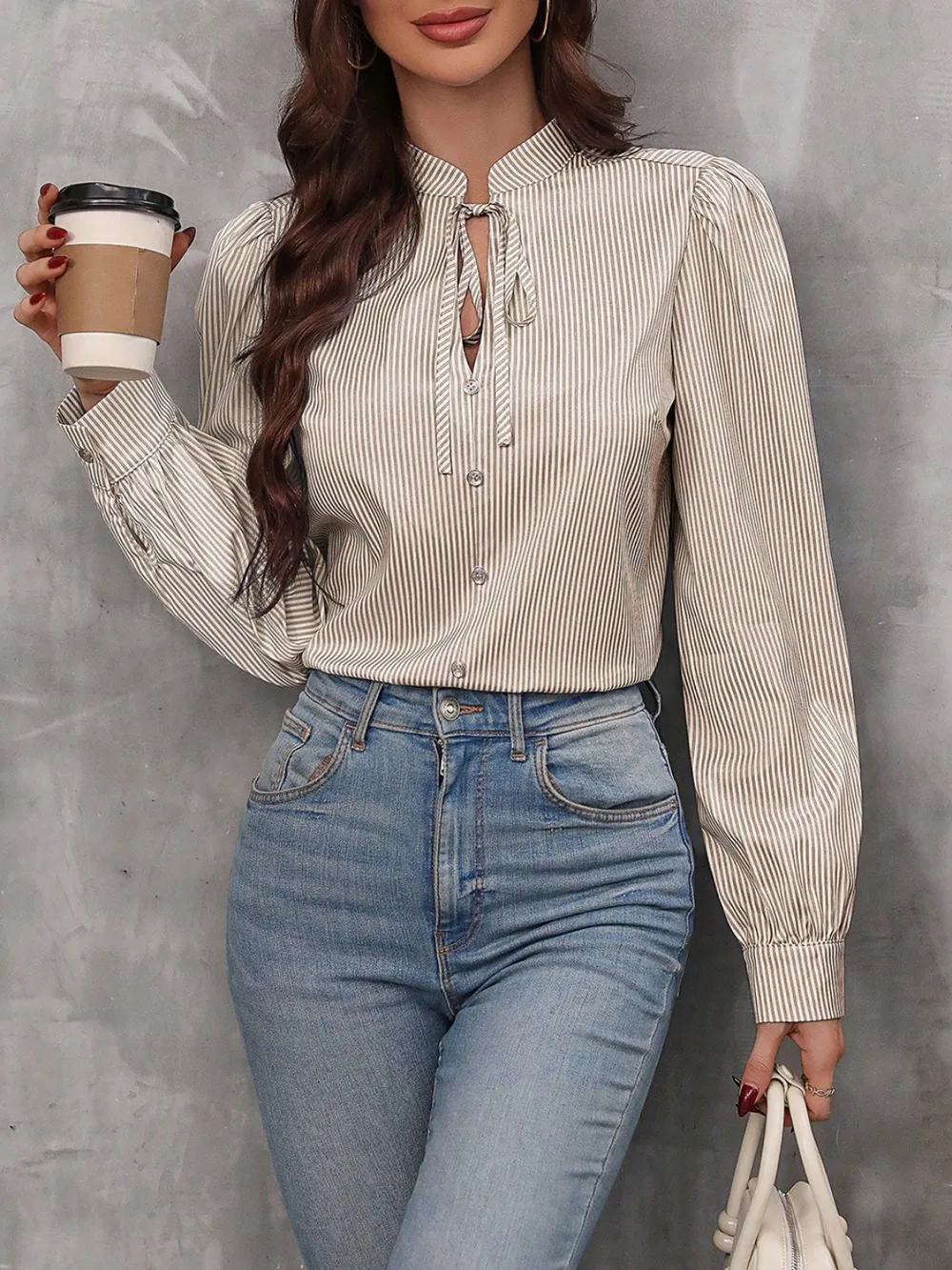 Striped Tie Neck Long Sleeve Blouse, image 5