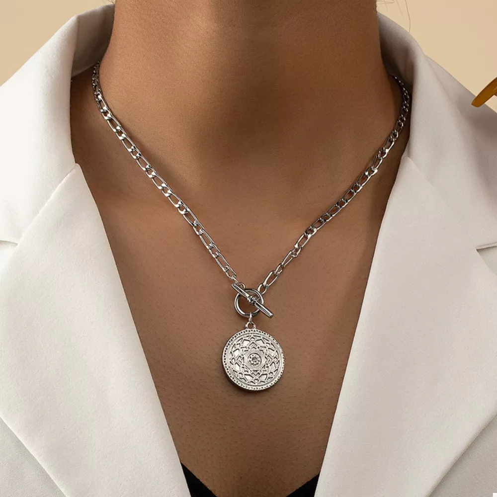 Chain Link Necklace with Vintage Coin Pendant, image 3