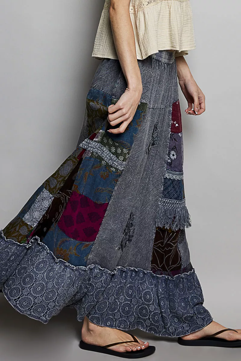 Printed Patchwork Embroidered Ruffled Skirt, image 2
