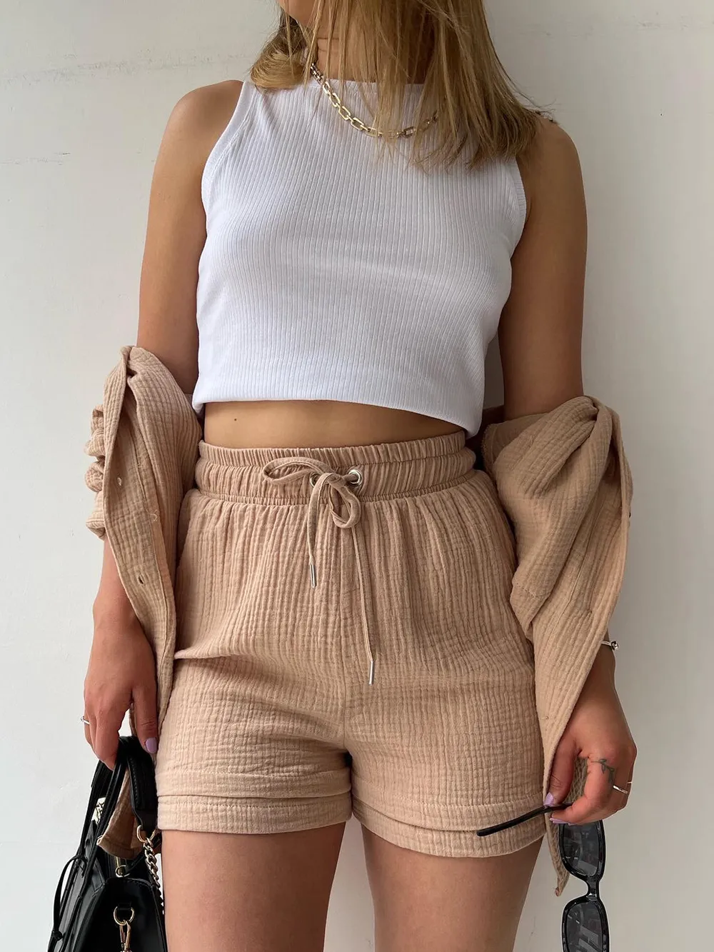 Texture Button Up Shirt and Drawstring Shorts Set, image 31