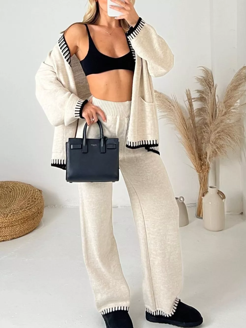 Button Up V-Neck Cardigan and Pants Sweater Set, image 2