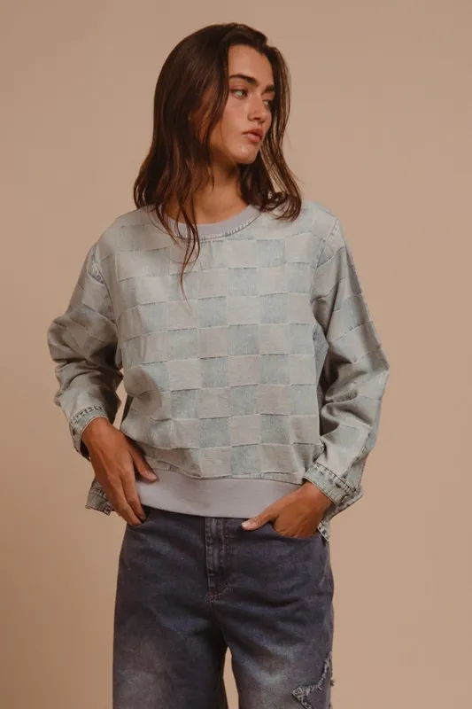 Mineral Washed Checkered Round Neck Denim Top, image 6
