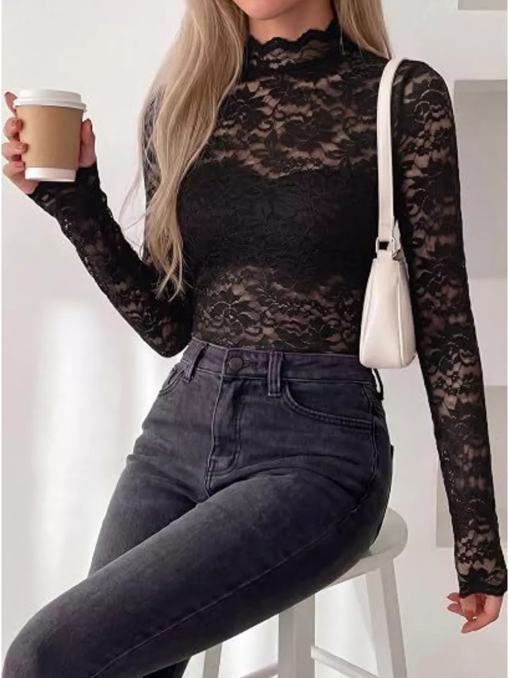 Lace Mock Neck Long Sleeve Top, image 4