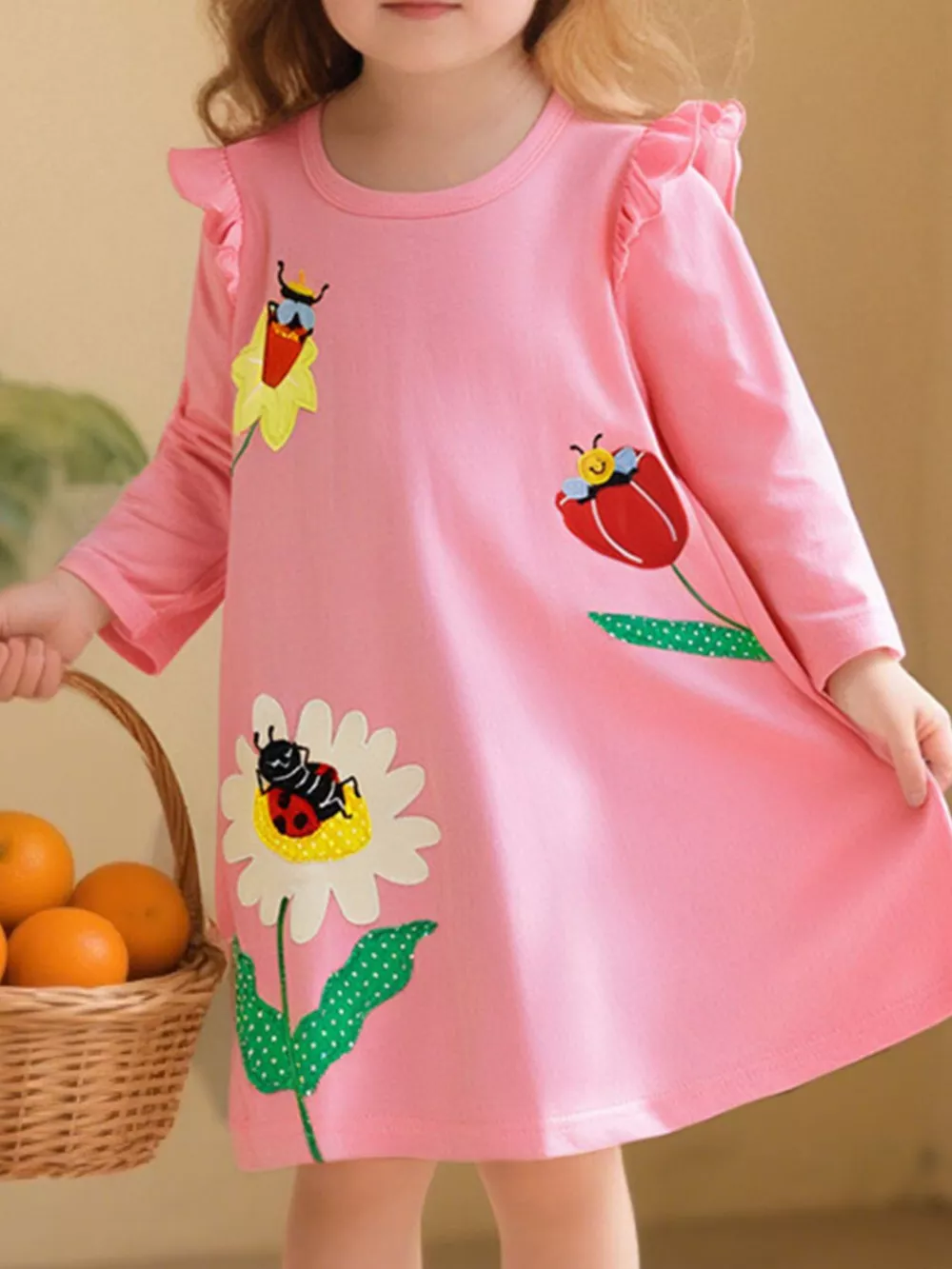 Children's Insect and Flower Appliques Long-Sleeve Dress