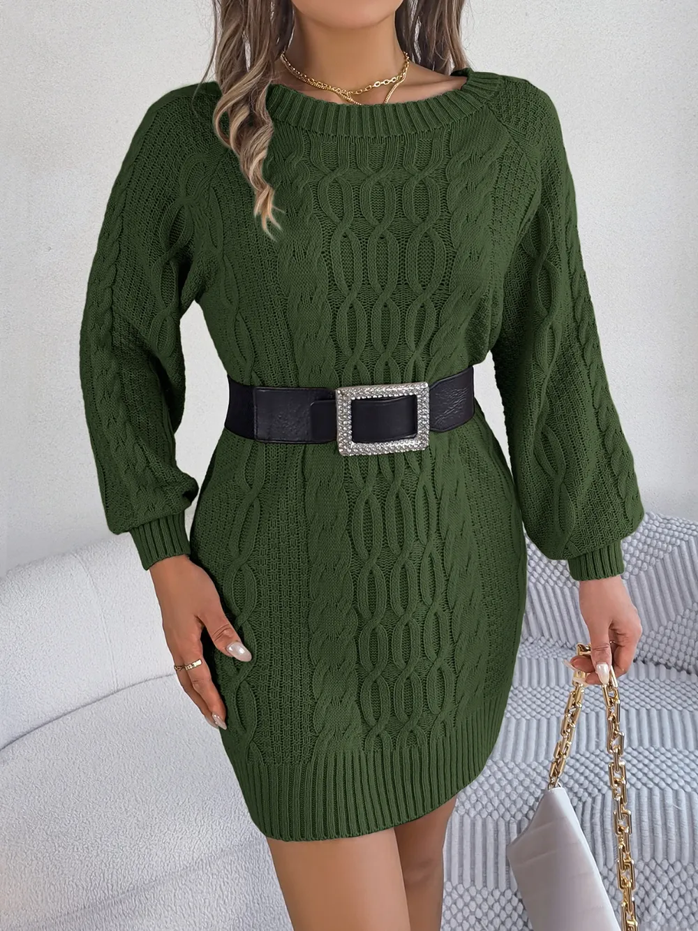 Cable-Knit Round Neck Sweater Dress, image 10