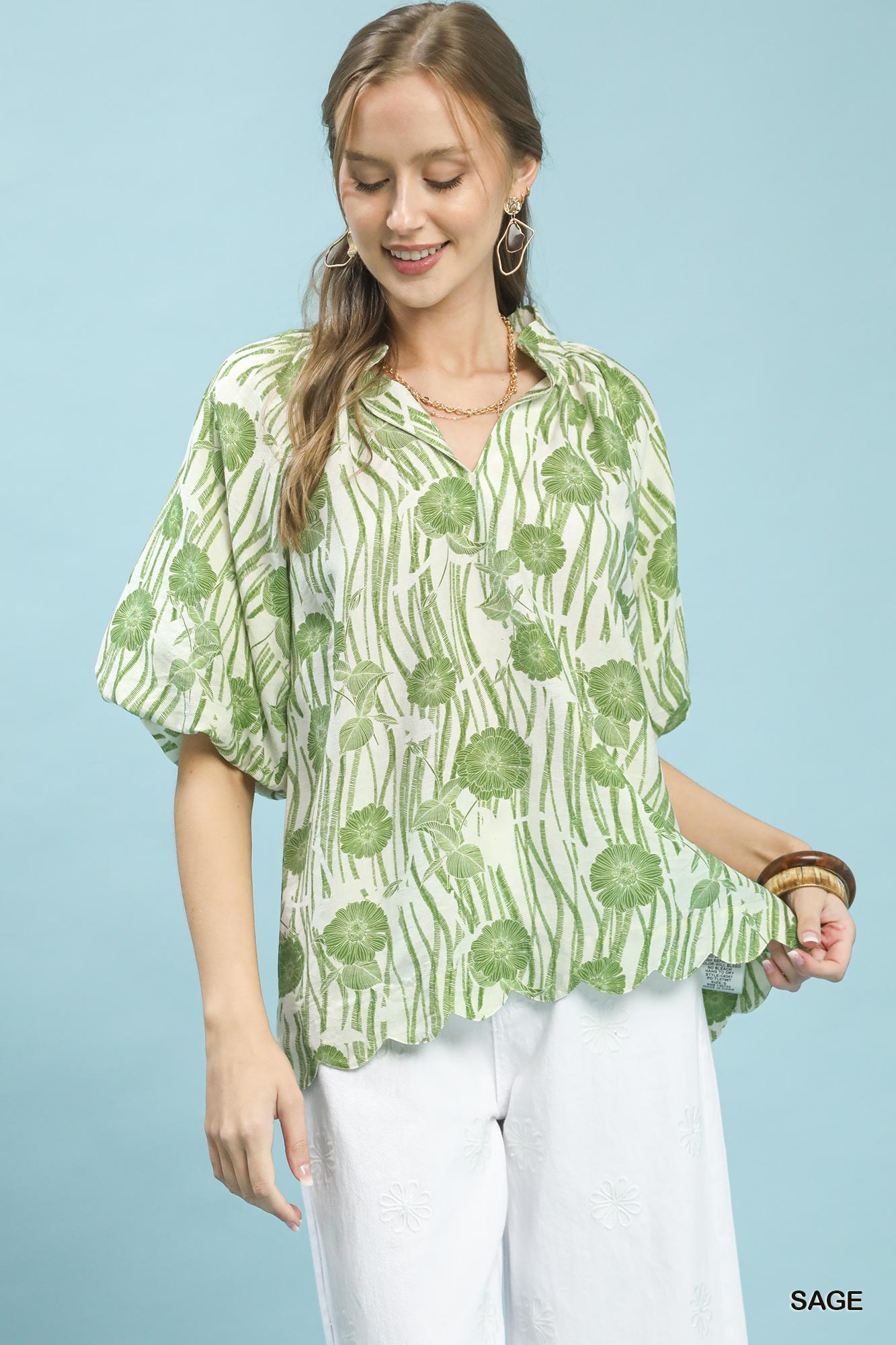 Floral Scalloped Edge Puff Sleeve Blouse with High-Low Curved Hem