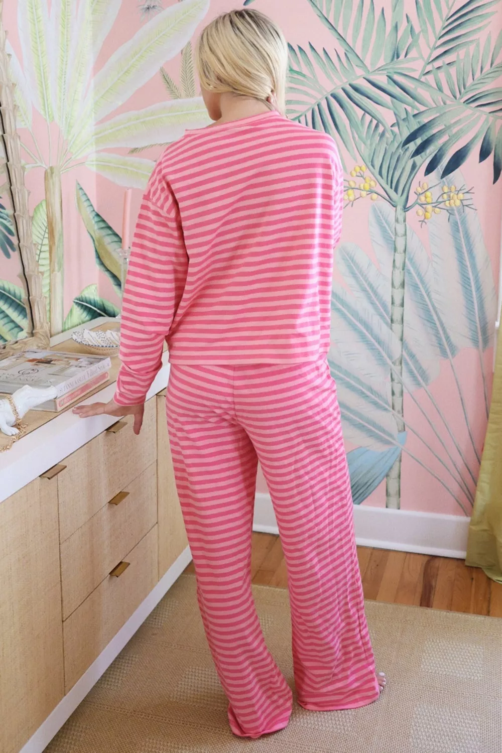 Stripe Drop Shoulder Round Neck Top and Buttoned Straight Pants Two Piece Set, image 6