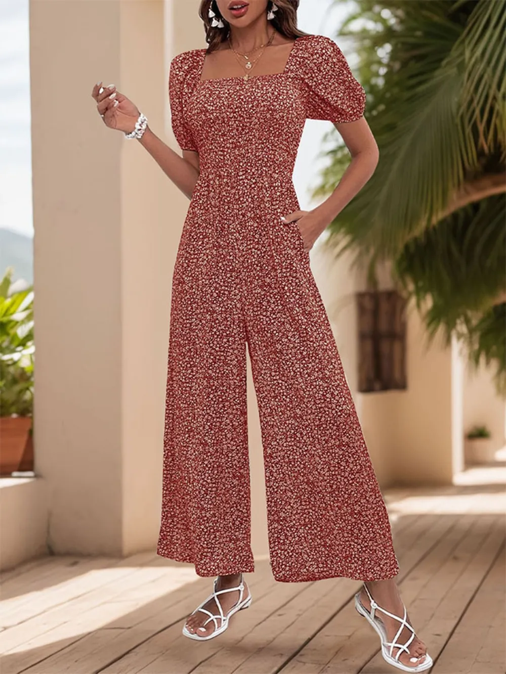 Printed Square Neck Puff Sleeve Jumpsuit, image 20