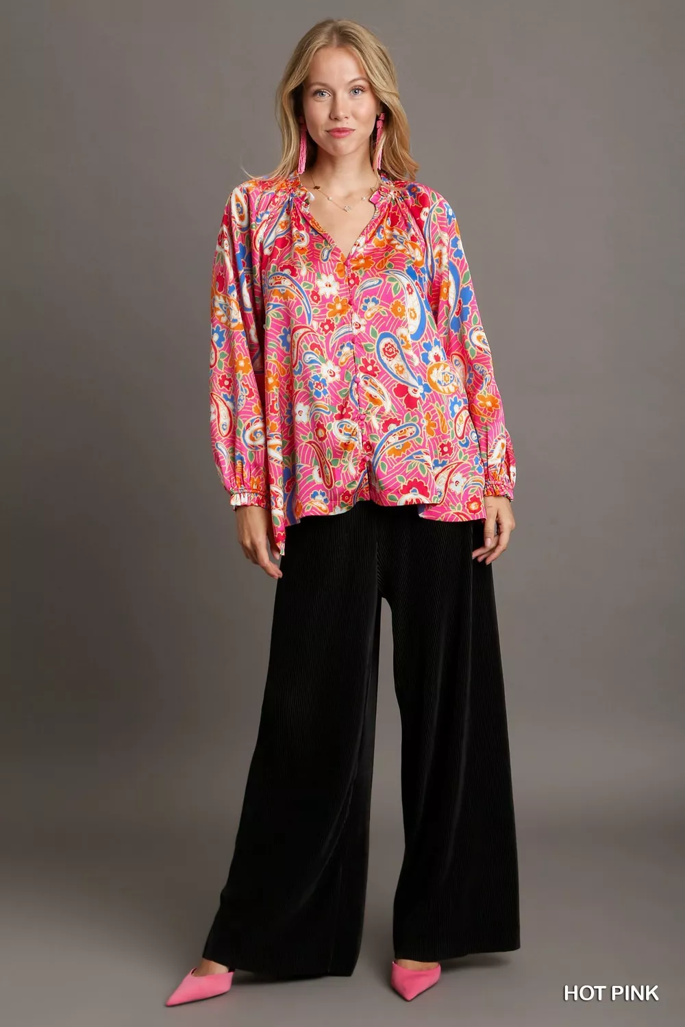 Full Size Satin Paisley Ruffle Neck Button-Up Shirt Plus Size, image 5