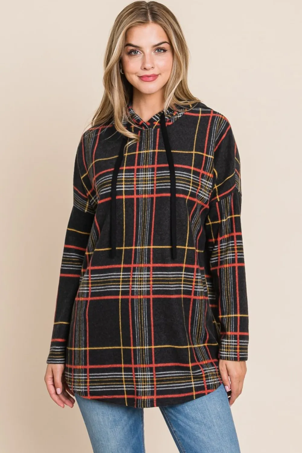 Drawstring Plaid Long Sleeve Hoodie, image 4