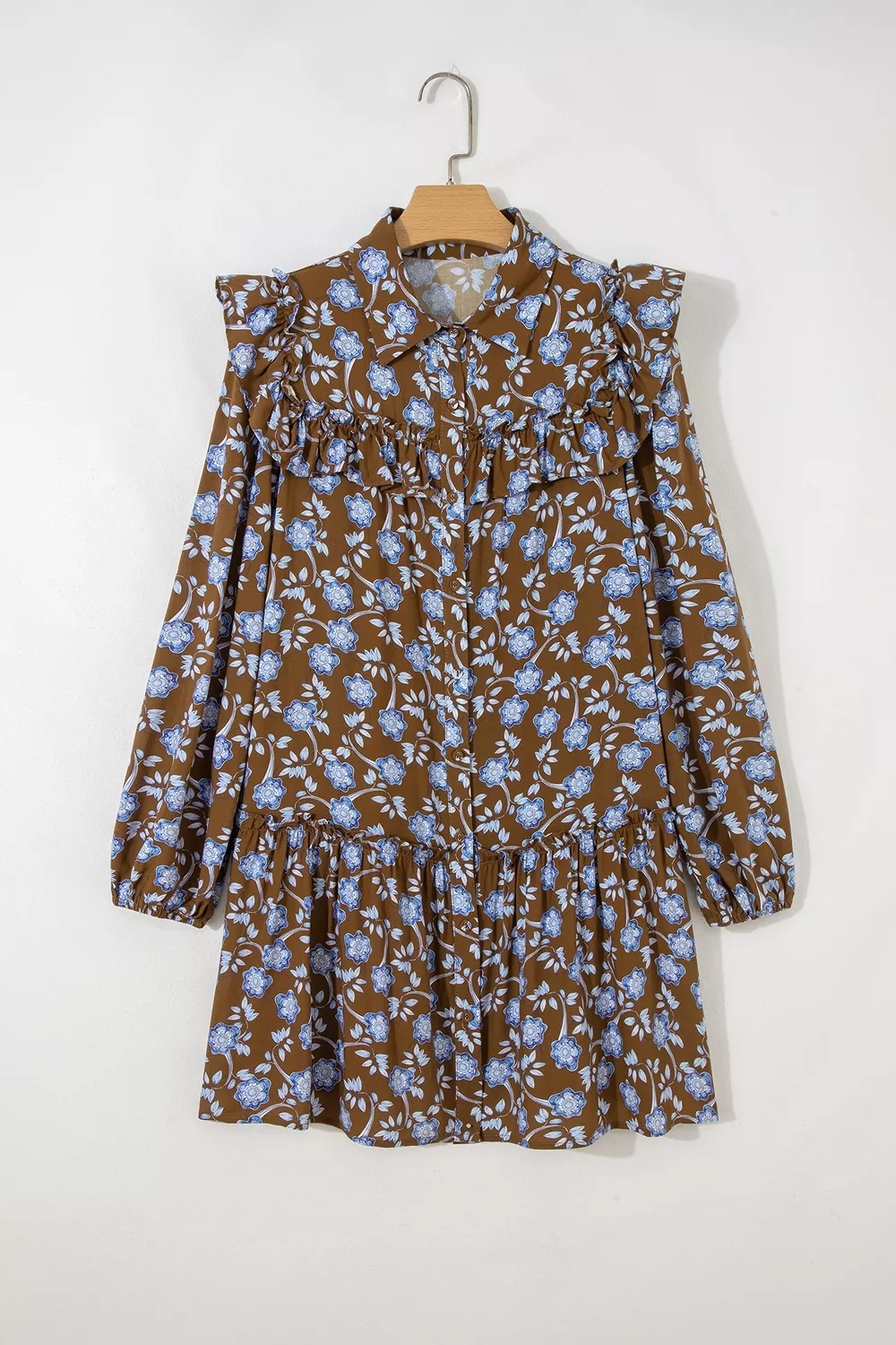 Floral Print Ruffled Detail Shirt Collar Button Down Long Sleeve Dress, image 6