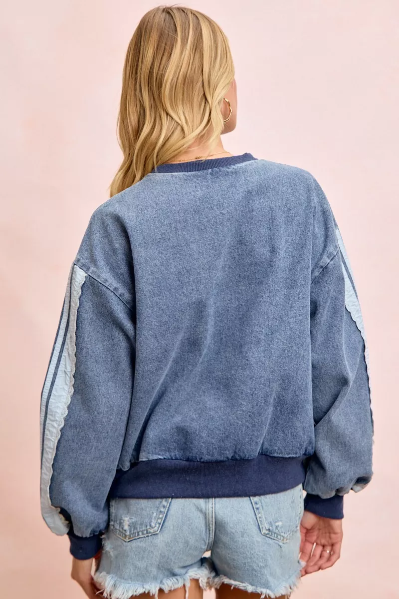 BiBi Washed Denim Lace Contrast Sided Sweatshirt, image 3