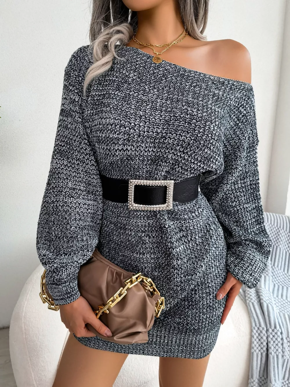 Multi-Color One-Shoulder Sweater Dress, image 8
