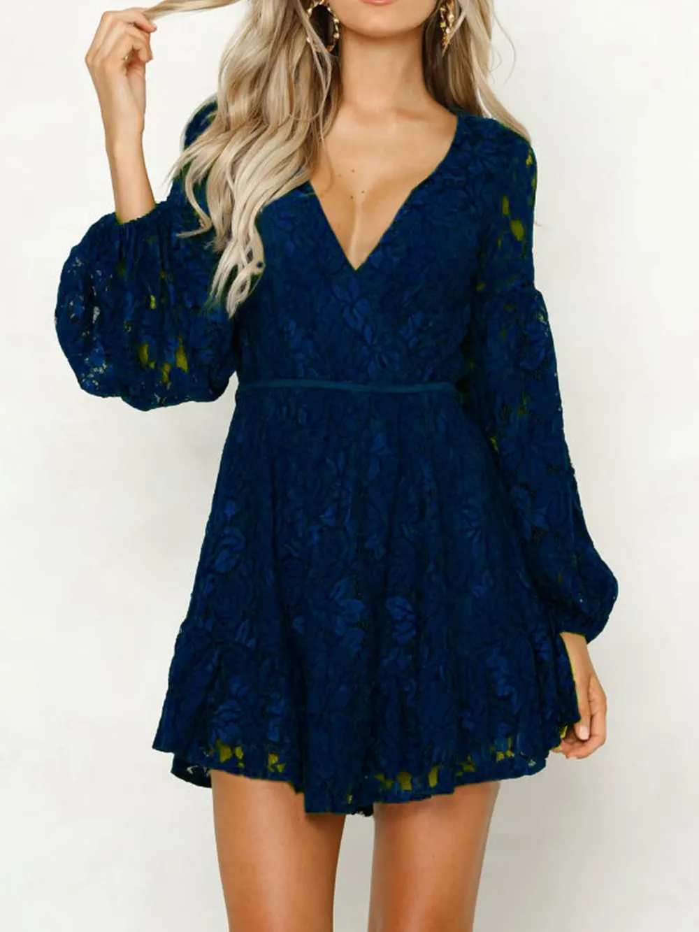Lace V-Neck Long Sleeve Mini Dress, image 12